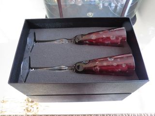 2 - Bleikristall Red Cut To Clear Crystal Champagne Flutes 5th Saks 9 3/4 " Nib