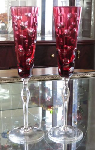 2 - Bleikristall Red Cut to Clear Crystal Champagne Flutes 5TH SAKS 9 3/4 