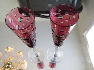 2 - Bleikristall Red Cut to Clear Crystal Champagne Flutes 5TH SAKS 9 3/4 