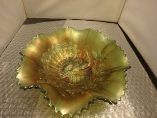 Stunning Green Carnival Glass Bowl - Peacocks On Fence