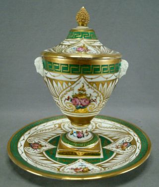 19th Century Sevres Style Hand Painted Floral Gold Green Urn & Under Plate