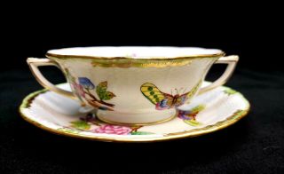 Herend Queen Victoria (green Border) Two Handle Cup & Saucer