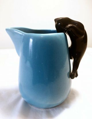 Camark Pottery Vintage Climbing Cat Pitcher Blue With Black Cat Handle Rare