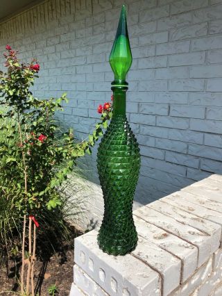 Vintage Empoli 23” Emerald Green Decanter Diamond Pattern Genie Bottle
