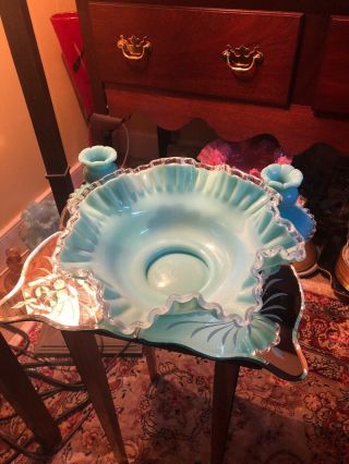 Fenton Turquoise Silver Crest Console Center Bowl 10 " With Matching Candlesticks