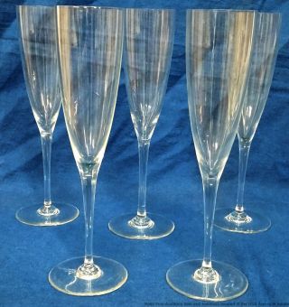Baccarat French Art Glass Signed Set 5 Crystal Long Stemmed Champagne Flutes