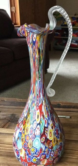 Absolutely Stunning Murano Millefiori Glass Vase/pitcher With Handle