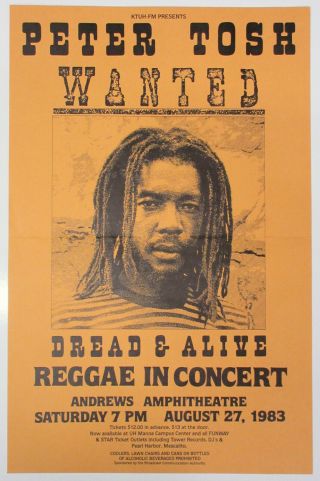 Peter Tosh Andrews Amphitheatre Hawaii 1983 Reggae Concert Poster Bob Marley Vg