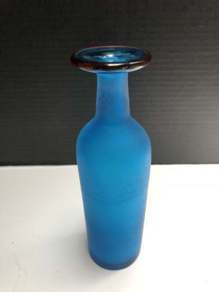 Vtg Murano Art Glass Bottle Franco Moretti Blue Color Satin Finish Signed