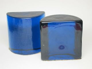 Blenko Vintage Modern Eames Era Retro Art Glass Cobalt Blue Half Moon Bookends