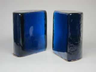 BLENKO Vintage Modern Eames Era Retro Art Glass Cobalt Blue Half Moon Bookends 2