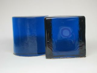 BLENKO Vintage Modern Eames Era Retro Art Glass Cobalt Blue Half Moon Bookends 5
