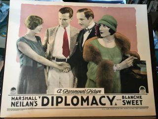 Diplomacy 1926 Paramount 11x14 " Silent Lobby Card Blanche Sweet Neil Hamilton
