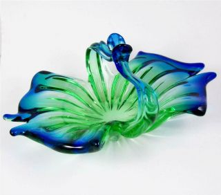 Vintage Centerpiece Bowl Blue & Green Art Glass Butterfly W/ Basket Handle 11 "