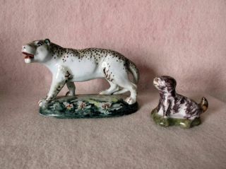 Rare Antique 18th - 19thc Dutch Delft Leopard & Dog Figurine