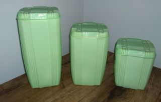 Cracker Barrel Criss Cross Green Jadeite Glass 6pc.  Canister Set Retro Art Deco
