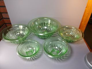 Vtg 5 Piece Green Vaseline Depression Glass Nesting Mixing Bowl Set