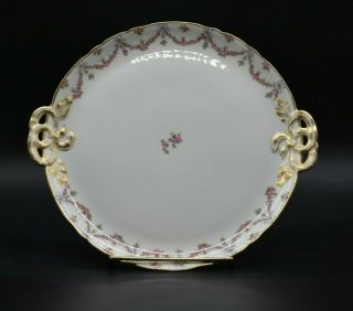 Chas Field Haviland Limoges Baroness Pink Roses & Gold 10 1/4 " Ribbon Cake Plate