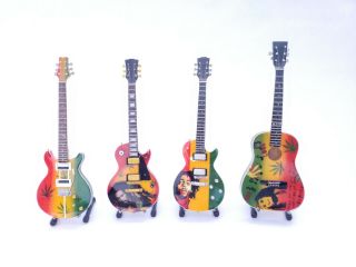 Bob Marley Miniature Guitars.  Details.  Mahogany Wood.  Mini Art