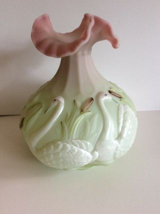 Fenton Burmese Lotus Mist Vase Decorated With Swans,  Water Lilies & Cattails