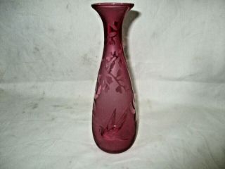 Vintage Kelsey Pilgrim Cranberry Art Glass Cameo Hummingbird Vase Signed