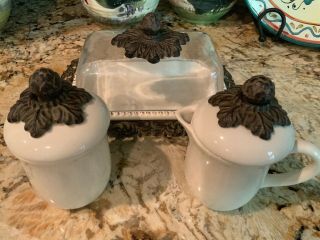 Gracious Goods Acanthus Leaf Butter Dish With Glass Dome,  Sugar Bowl & Creamer
