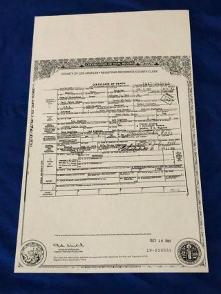 Sharon Tate Polanski Death Certificate August 9,  1969 10050 Cielo Drive,  Manson