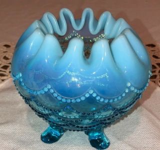 Fenton Hobnail Blue Opalescent Candy Trinket Footed Dish Bowl