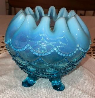 Fenton Hobnail Blue Opalescent Candy Trinket Footed Dish Bowl 2