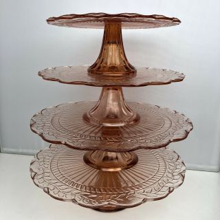 Set Of 4 Vintage Pink Depression Glass Style Pedestal Cake Plates Floral Leaves