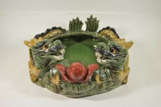 Vintage Pottery Asian Chinese Green Dragons Ceramic Porcelain Planter Pot Green