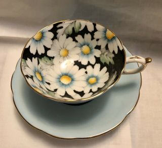 Vintage Paragon Black Blue Daisy Cup And Saucer