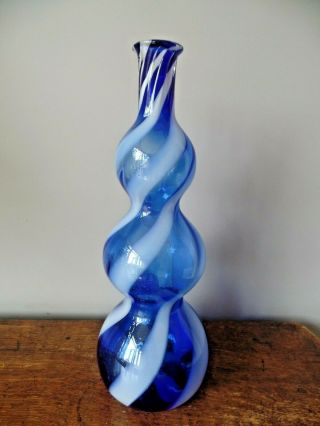 Vintage Alrose Empoli Glass Italy Blue & White Candy Striped Gourd Vase