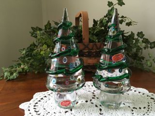 (2) Murano Italy Crystal Christmas Trees - 8 " - Millefiori