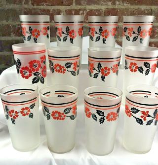 Vintage Painted Frosted Hall Red Poppy Cups Set Of 12 Drinking Glasses