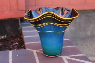 Multi - Colored Blue Hand Blown Art Glass Flower Vase Candle Signed Pm 2000