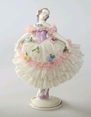 Dresden Lace Figurine Dancer Ballerina 6 " Porcelain Germany Volkstedt