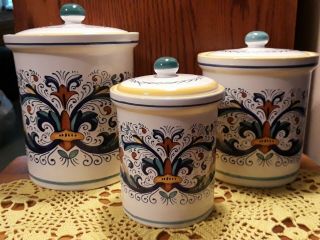 Set Of 3 Canisters - Sur La Table Deruta Italy,  Handpainted Florentine Scroll