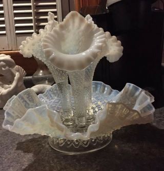 Large Size Fenton Glass French Opalescent Diamond Lace 3 Horn Epergne Exc Cond