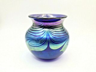 Roland R.  Correia Hand Crafted Studio Art Glass Blue Iridescent Vase Signed