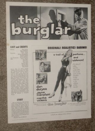 The Burglar 1957 Movie Pressbook Jayne Mansfield/dan Duryea