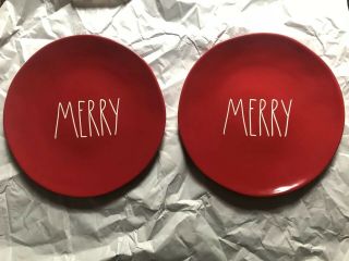 4 Rae Dunn Ceramic Plates - Merry - 11 Inches Christmas Red With White Ll
