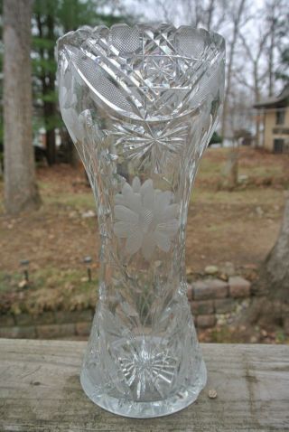 Abp Cut Glass Heavy Corset Vase.  Daises 12 " Tall,  Jar,  Flower Holder,  Bud Vase