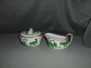 Vintage Wedgwood China - Green Chinese Tigers Green - Creamer And Sugar Bowl