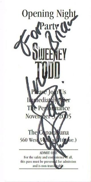 Patti Lupone Sweeney Todd Opening Night Signed After Party Ticket Pass