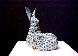 Vtg.  Herend Bunny Rabbits,  Porcelain Group Figurine,  Teal Fishnet,  5226?