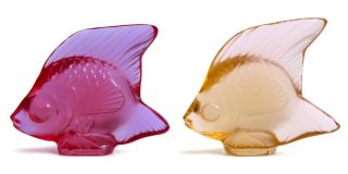 Two Lalique France Angel Fishes - 2 " Fuchsia & Amber Glass Signed Fish Figurines