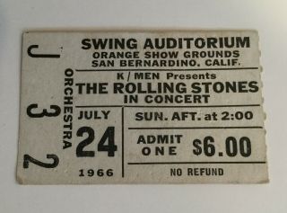 Rolling Stones 1964 Ticket Stub July 24 1966 San Bernardino Ca Swing Auditorium