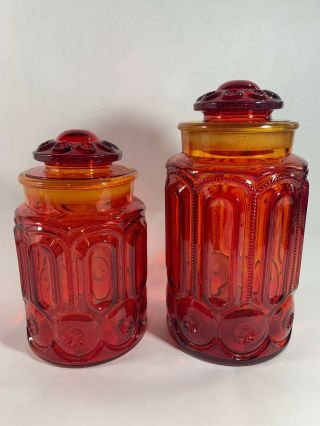 L.  E.  Smith Red Clear Glass Amberina Moon & Stars Canister Set Lids Vintage