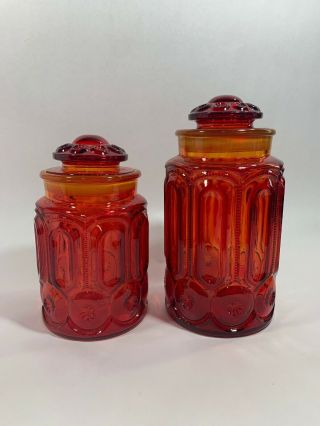 L.  E.  Smith Red Clear Glass Amberina Moon & Stars Canister Set Lids Vintage 2